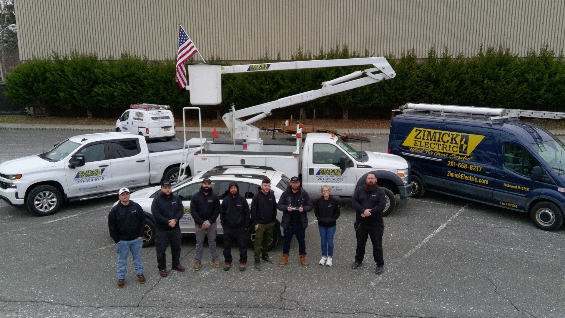 The Zimick Electric crew and service fleet outside the Englewood shop